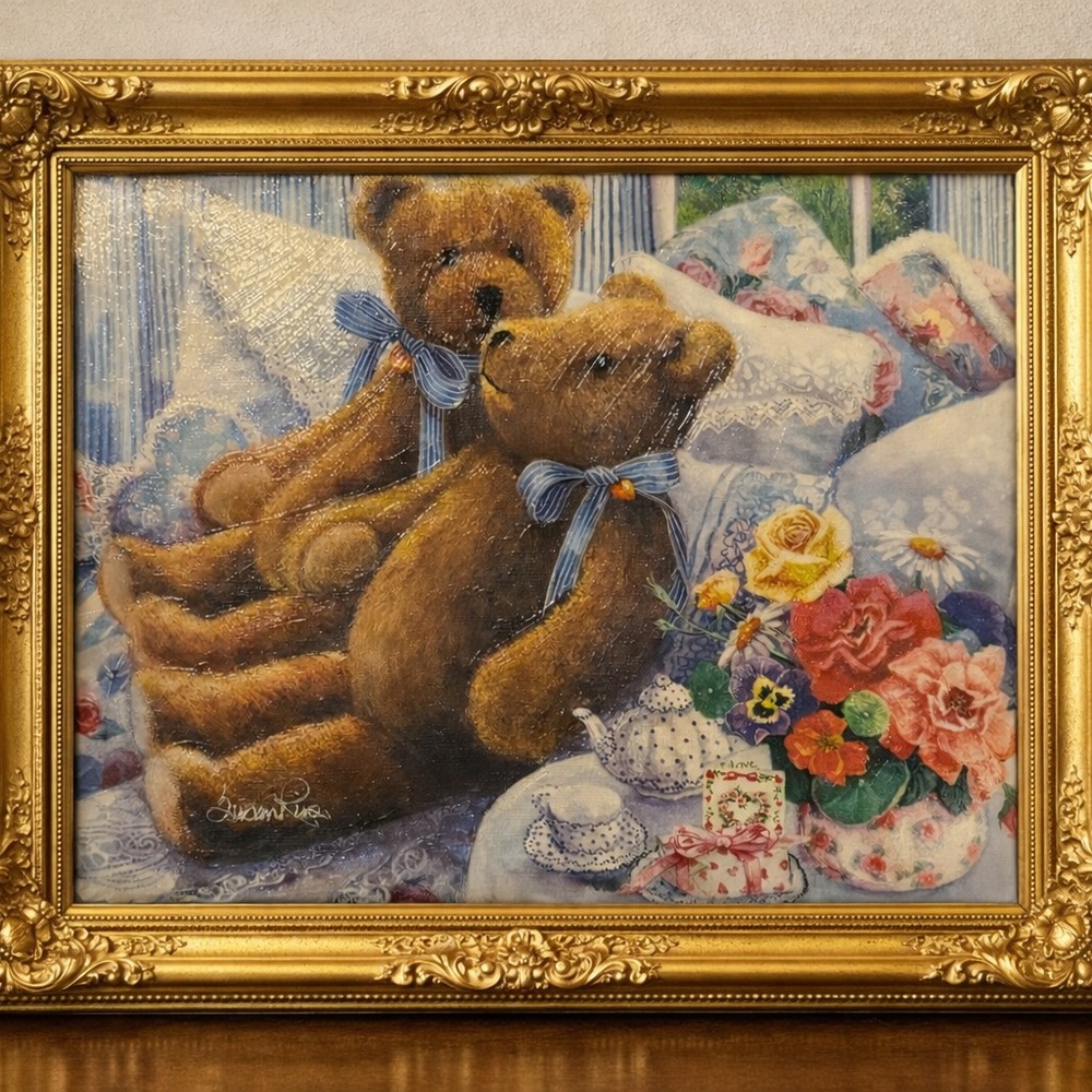 SUSAN RIOS:Teddy Bear Canvas Art with Floral Design sign by artist twice.